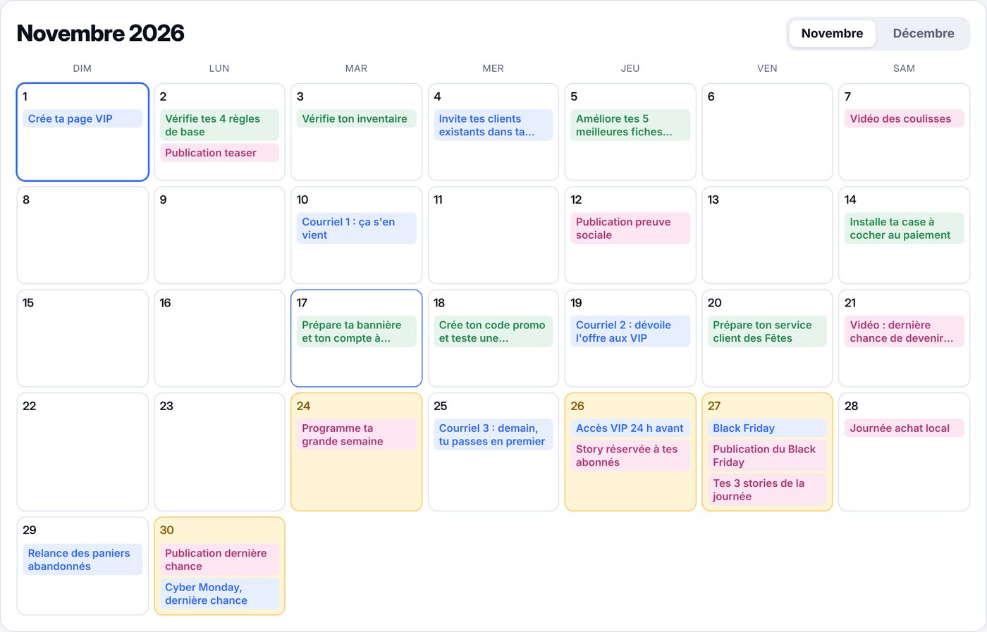 Calendrier de novembre avec les tâches de chaque journée