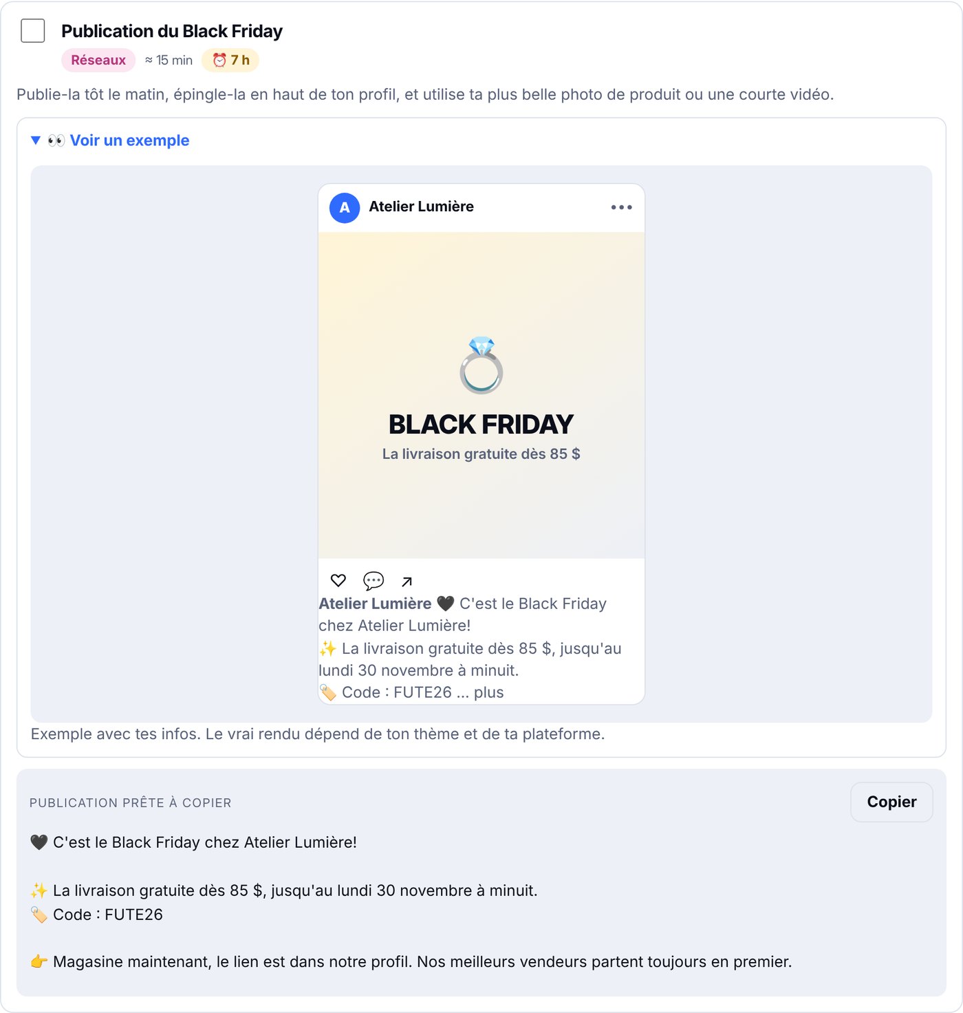 Une publication du Black Friday prête à copier, avec l'aperçu de la publication