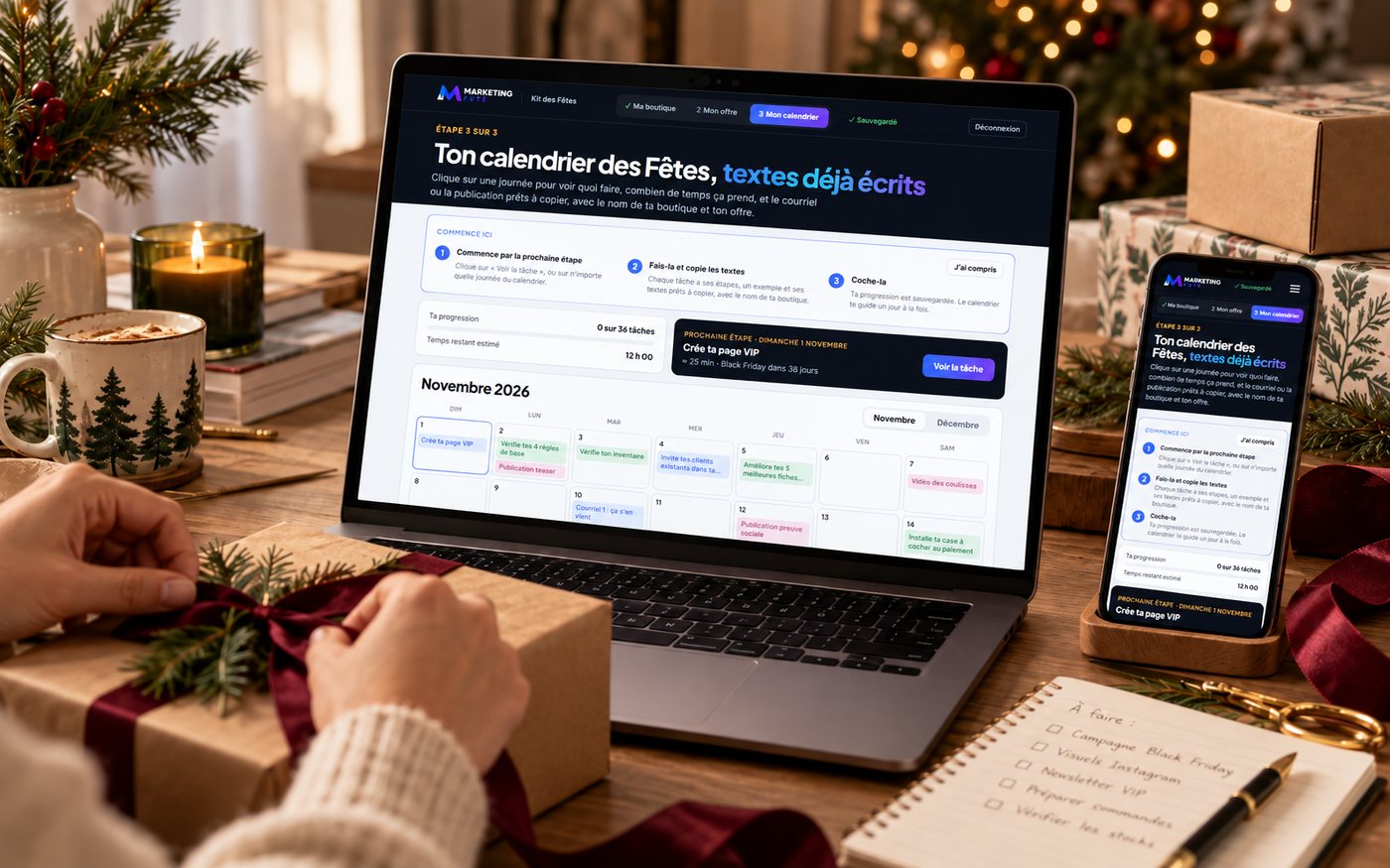 Le Kit des Fêtes ouvert sur un ordinateur et un cellulaire : le calendrier de novembre avec les tâches de chaque journée
